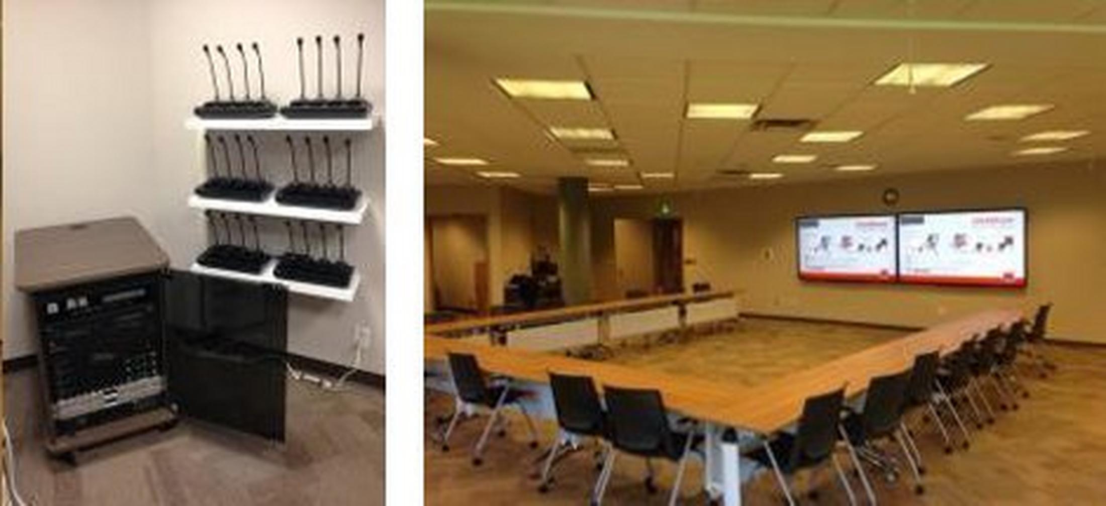 two pictures of a conference room with a table and chairs